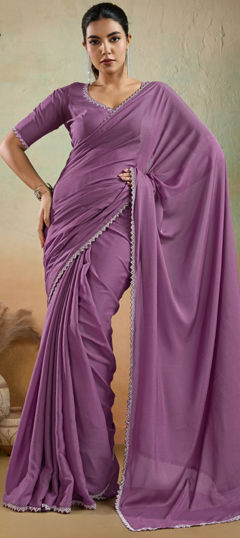 Purple and Violet color Saree in Georgette fabric with Lace work