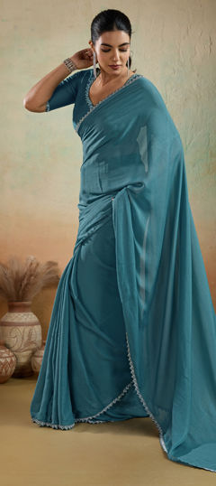 Blue color Saree in Georgette fabric with Lace work