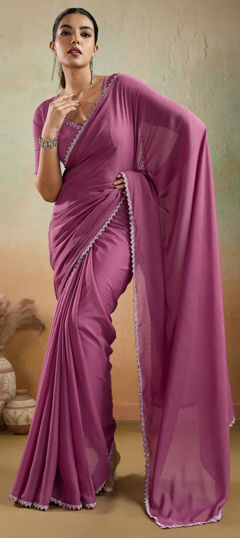Pink and Majenta color Saree in Georgette fabric with Lace work