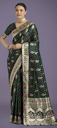 Green color Saree in Banarasi Silk fabric with Weaving, Zari work