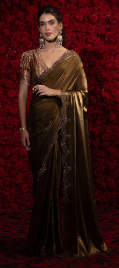 Gold color Saree in Tissue fabric with Border, Zircon work