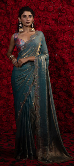 Blue color Saree in Tissue fabric with Border, Zircon work