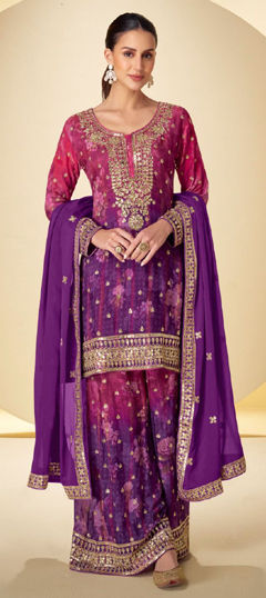 Pink and Majenta, Purple and Violet color Salwar Kameez in Chinon Silk fabric with Digital Print, Embroidered, Floral, Mirror, Sequence work