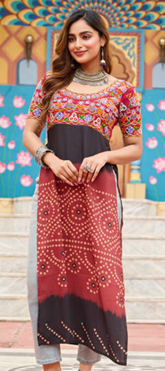Multicolor color Kurti in Rayon fabric with Bandhej, Embroidered, Mirror, Printed work