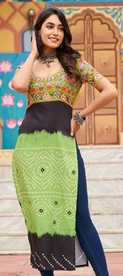 Multicolor color Kurti in Rayon fabric with Bandhej, Embroidered, Mirror, Printed work
