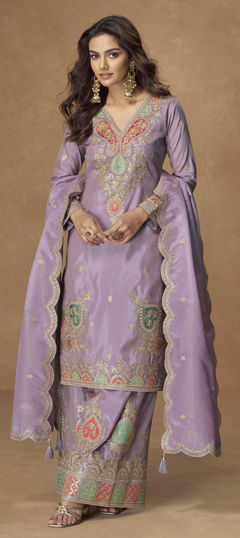 Purple and Violet color Salwar Kameez in Shimmer fabric with Sequence, Thread work
