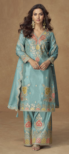 Blue color Salwar Kameez in Shimmer fabric with Sequence, Thread work