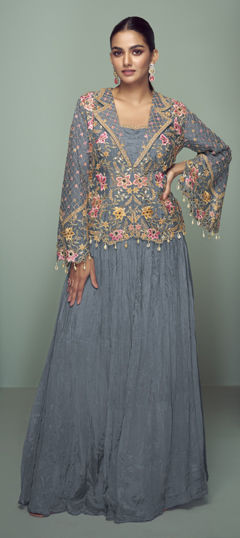 Black and Grey color Long Lehenga Choli in Chinon Silk fabric with Embroidered, Sequence, Thread work
