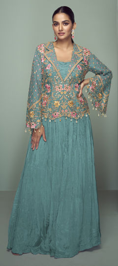 Blue color Long Lehenga Choli in Chinon Silk fabric with Embroidered, Sequence, Thread work