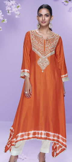 Orange color Kurti in Silk fabric with Bugle Beads, Sequence, Stone, Thread work