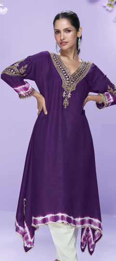 Purple and Violet color Kurti in Silk fabric with Bugle Beads, Sequence, Stone, Thread work