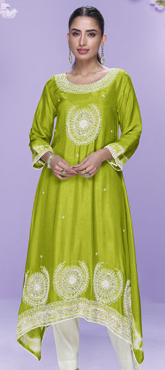 Green color Kurti in Silk fabric with Bugle Beads, Sequence, Stone, Thread work