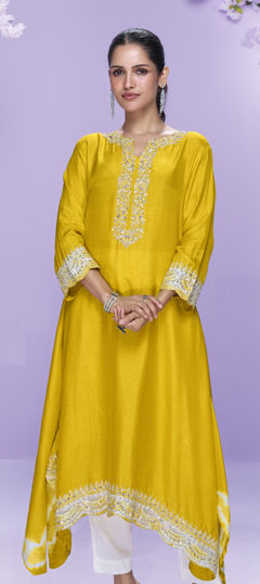 Yellow color Kurti in Silk fabric with Bugle Beads, Sequence, Stone, Thread work