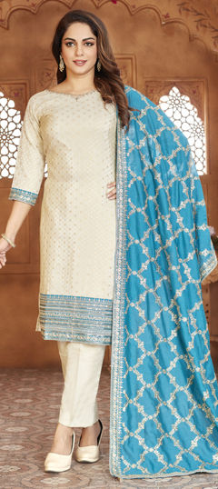 White and Off White color Salwar Kameez in Silk fabric with Border, Embroidered, Sequence work