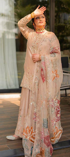 Beige and Brown color Salwar Kameez in Chinon Silk fabric with Embroidered, Sequence, Thread, Zari work