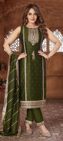 Green color Salwar Kameez in Silk fabric with Border, Embroidered, Sequence work