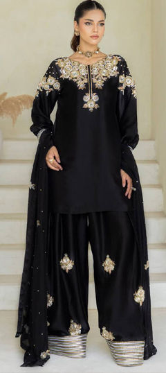 Black and Grey color Salwar Kameez in Crepe Silk fabric with Embroidered, Thread work