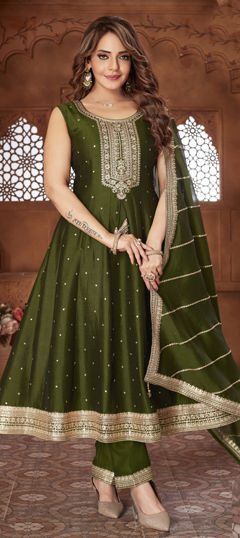 Green color Salwar Kameez in Silk fabric with Border, Embroidered, Sequence work
