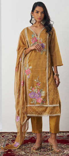 Beige and Brown color Salwar Kameez in Crushed Silk fabric with Bugle Beads, Embroidered, Lace, Thread work
