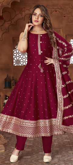 Pink and Majenta color Salwar Kameez in Silk fabric with Border, Embroidered, Sequence work