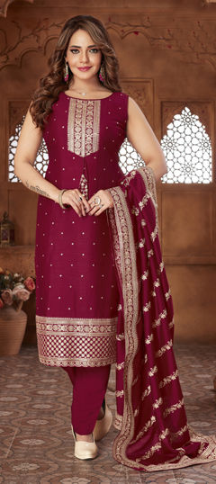 Pink and Majenta color Salwar Kameez in Silk fabric with Border, Embroidered, Sequence work