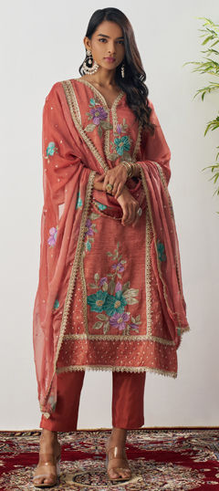 Beige and Brown color Salwar Kameez in Crushed Silk fabric with Bugle Beads, Embroidered, Lace, Thread work