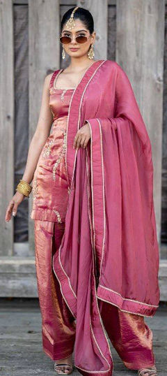 Pink and Majenta color Salwar Kameez in Tissue fabric with Embroidered, Sequence, Thread work