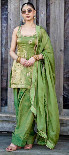 Green color Salwar Kameez in Tissue fabric with Embroidered, Sequence, Thread work