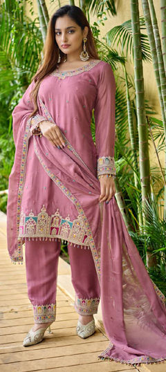 Pink and Majenta color Salwar Kameez in Organza Silk fabric with Embroidered, Thread, Zari work