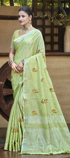 Green color Saree in Linen fabric with Embroidered, Resham, Thread work