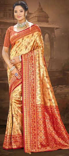 Beige and Brown, Red and Maroon color Saree in Banarasi Silk fabric with Weaving, Zari work