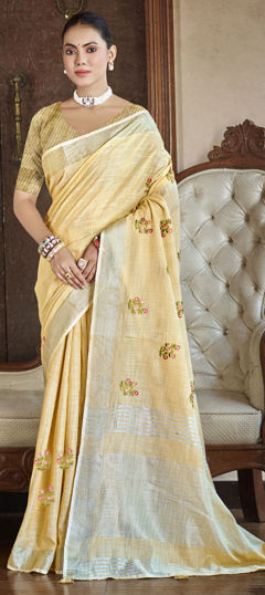 Yellow color Saree in Linen fabric with Embroidered, Resham, Thread work