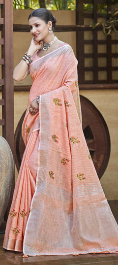 Pink and Majenta color Saree in Linen fabric with Embroidered, Resham, Thread work