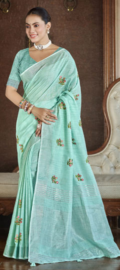 Blue color Saree in Linen fabric with Embroidered, Resham, Thread work