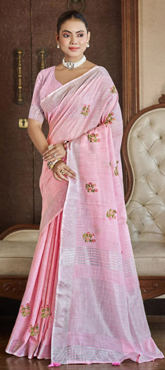 Pink and Majenta color Saree in Linen fabric with Embroidered, Resham, Thread work