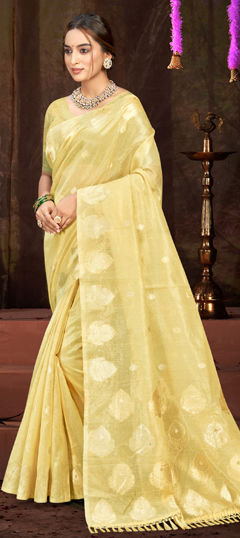 Yellow color Saree in Silk cotton fabric with Weaving work
