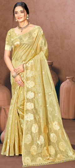 Gold color Saree in Silk cotton fabric with Weaving work