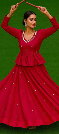 Red and Maroon color Long Lehenga Choli in Cotton fabric with Embroidered, Mirror work