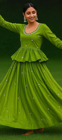 Green color Long Lehenga Choli in Cotton fabric with Embroidered, Mirror work