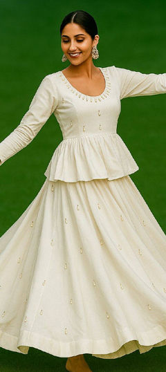 White and Off White color Long Lehenga Choli in Cotton fabric with Embroidered, Mirror work