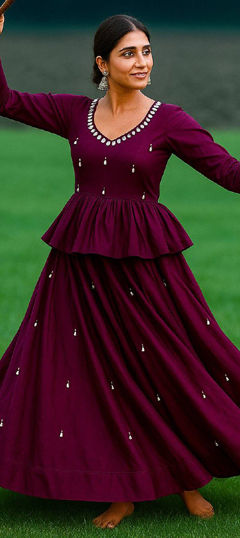 Red and Maroon color Long Lehenga Choli in Cotton fabric with Embroidered, Mirror work
