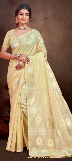 Gold color Saree in Silk cotton fabric with Weaving work