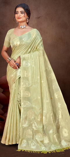 Green color Saree in Silk cotton fabric with Weaving work