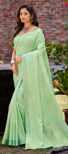 Green color Saree in Linen fabric with Embroidered, Resham, Thread work