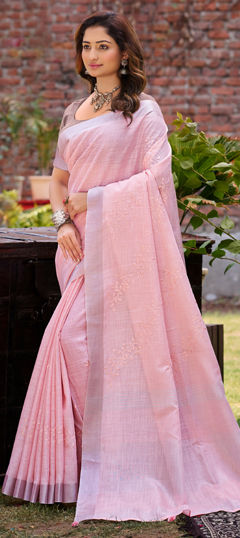 Pink and Majenta color Saree in Linen fabric with Embroidered, Resham, Thread work