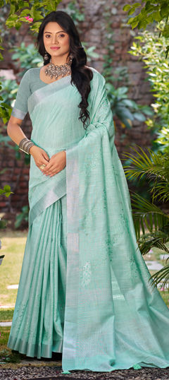 Green color Saree in Linen fabric with Embroidered, Resham, Thread work