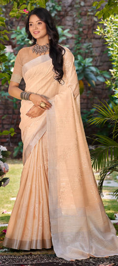 Pink and Majenta color Saree in Linen fabric with Embroidered, Resham, Thread work