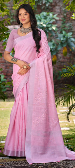 Pink and Majenta color Saree in Linen fabric with Embroidered, Resham, Thread work