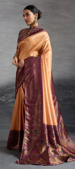 Beige and Brown color Saree in Kanjeevaram Silk fabric with Weaving work