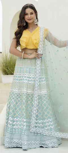 Blue color Lehenga in Organza Silk fabric with Embroidered, Sequence, Thread work